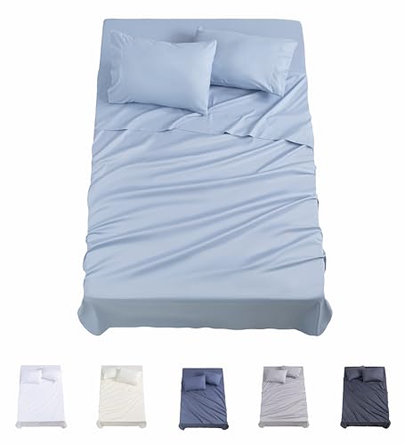 Todocama Juego de Sábanas de 4 Piezas   3001   Sábana Bajera Ajustable   Encimera   Dos Fundas de Almohada de 50x80cm, (Cama 90 90x190/200 cm, Azul Claro)