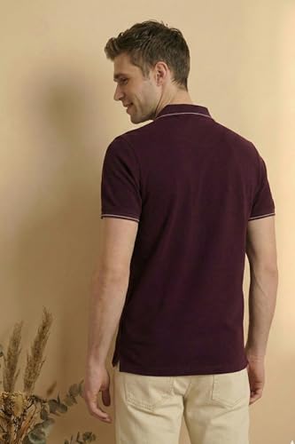 Image of Louis Philippe Men's Slim Fit Single-Tuck Pique Stylized Sleeve Print and Contrast Tipping Half Sleeve Solid Polo Tshirt