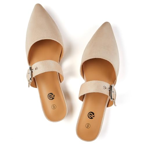 Rekayla Mules for Women Flats Comfortable Pointed Toe Women Adjustable Mules Shoes Nude Size 7