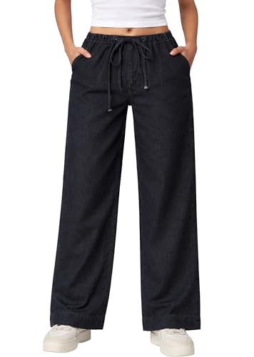 Image of London Hills Jeans for Woman | Wide Leg Jean for Women | Women's Wide Leg Denim Pants | Elastic Waist Drawstring Jeans for Women | Loose Fit Casual Palazzo Trousers | Woman Jean's Pant