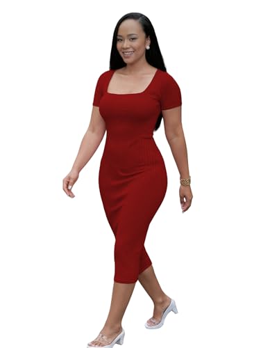 Image of TOPSRANI Women Sexy Midi Dress Bodycon Casual Sleeveless Basic Ruched Tank Summer Club Party Dresses