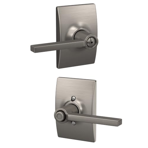 Image of SCHLAGE Latitude Bed /Bath Privacy Door Handle with Lock, Satin Nickel | Interior bedroom or bathroom door lever with push button lock, Reversible, Easy install, Certified durability, Universal fit
