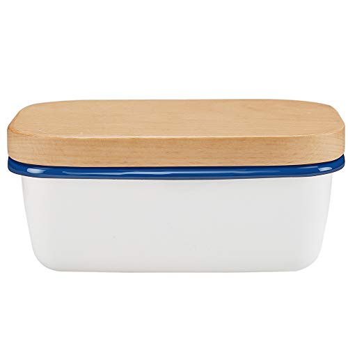 Best Deal 🛒 Butter Dish, Butter Keeper Container with Beech Wooden Lid, Perfect for 2 Sticks of Butter, Pure White 6”×4”×2.5”