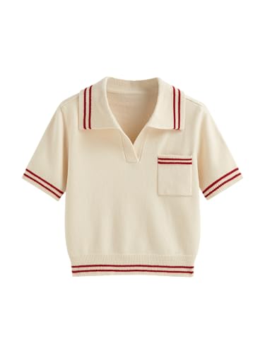CIDER Short Sleeve Sweater Knit Top Collar Neck Stripe Pullover Casual Elegant Women’s Collared Sweaters