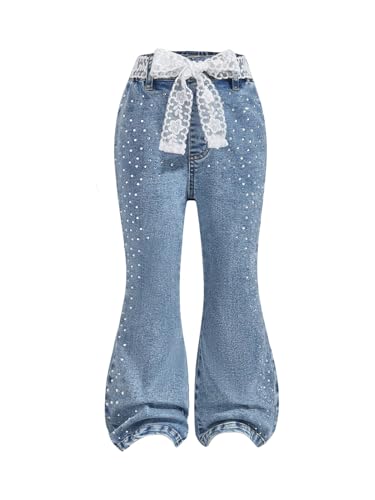 GORGLITTER Girl's Rhinestones Flare Jeans Lace Bow Elastic High Waist Jeggings Bell Bottom Denim Pants