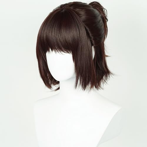 Image of HangeZoe Cosplay Wig Short Anime Dark Brown Ponytail Wig with Bangs | Deep Brown Giant Costume Wigs Synthetic Hair for Women Halloween Party