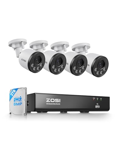ZOSI 4K Kit Cámara de Vigilancia PoE Exterior, 8CH Grabador NVR y 2TB HDD con CCTV Cámara Seguridad, Detección y Alarma de Persona, Visión Nocturna y Grabación 24/7