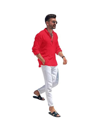 Image of Men's Cotton Blend Straight Kurta Shirt with Mandarin Collar - Slim Fit Casual Short Kurti Featuring Textured Slub Fabric and Roll-Up Full Sleeves