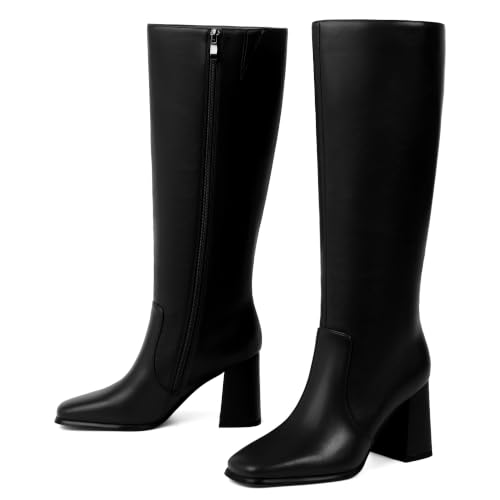Image of Knee High Boots Women Square Toe Chunky Heel Fashion Tall Boots | Block Heel Gogo Boots with Side Zipper,Fashion Heeled Fall Winter Boots,Long Dressy Boots for Women