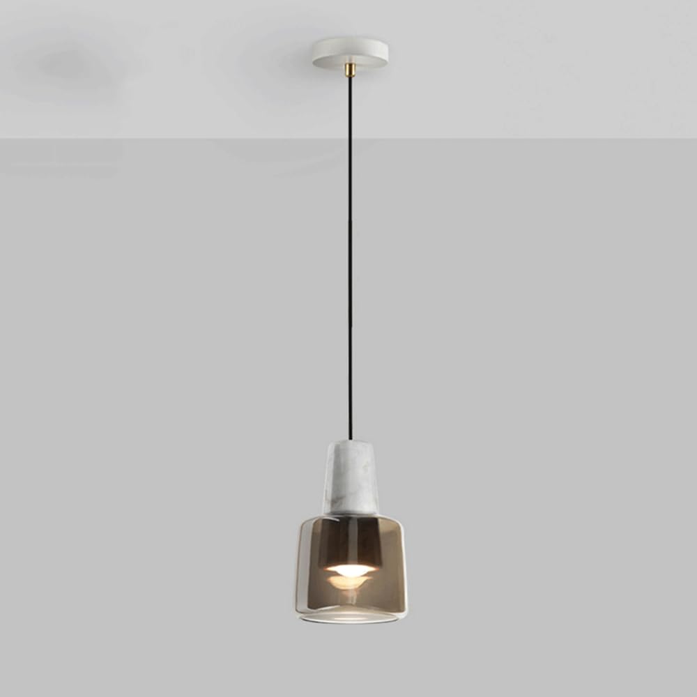LYMSXAZOU Marble Pendant Lamp with Cognac Glass Shade, Mini Bedside Hanging Light Fixture, Natural Stone Chandelier, Height Adjustable, Modern Minimalist Suspension Lamps (E27) Made in China