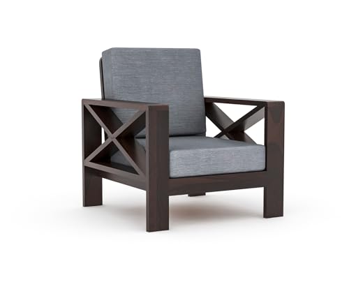 Image of Sheesham Wooden 5 Seater Sofa for Living Room | Rosewood 5 Seater Cushion Sofa X-Legs | Solid Wood Sofa Set for Lounge (3+1+1,Walnut Finish)