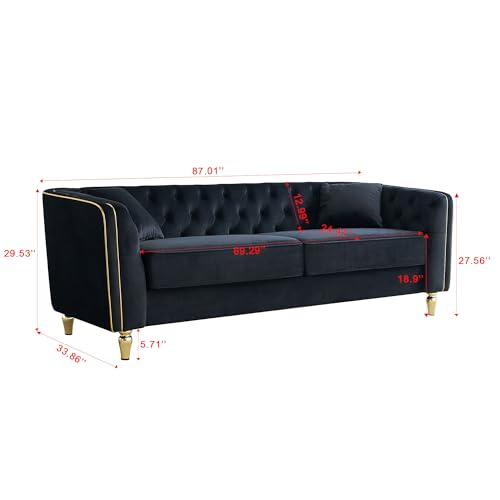 Image of KEIKI 87 inch Chesterfield Velvet Button Tufted Sofa with High Density Foam Cushions, Modern Style 3-Seater Couch with Gold Strip Trim Decoration, Easy Assembly, for Apartment, Living Room, Office, Black