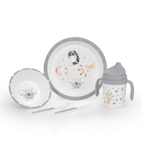 Danielstore Vajilla Bebé 5 Piezas Apta para microondas Plato Cuenco Cubiertos Infantil + Vaso con pitorro Vajilla para bebés Libre de BPA+ regalo de un babero (Animales gris)