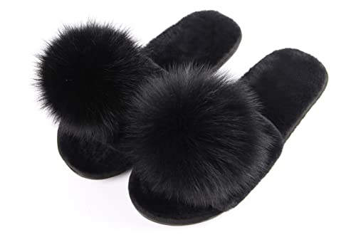 Women Slippers with Real Fox Fur Ball, Girl Furry Cozy Warm House Slipper, Open Toe Soft Flat Slide Sandals for Women Indoor Outdoor