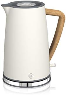 Swan Nordic Ultra szybki czajnik elektryczny, bezprzewodowy, nowoczesne wzornictwo, 1,7 l, 2200 W, uchwyt o wyglądzie drewna, automatyczne wyłączanie, biały