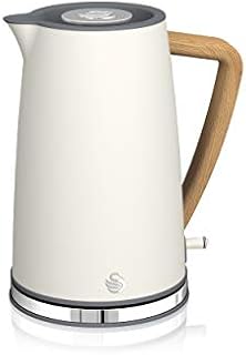 Swan Nordic Ultra szybki czajnik elektryczny, bezprzewodowy, nowoczesne wzornictwo, 1,7 l, 2200 W, uchwyt o wyglądzie drewna, automatyczne wyłączanie, biały