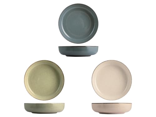 H&H Pearl - Set 4 Piatti Fondi in Porcellana | 19 cm | Design Nordico Moderno | 3 Colori Assortiti (Avorio, Blu, Verde) | Lavabili in Lavastoviglie