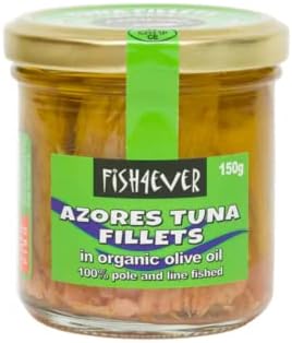 Fish 4 Ever - 6x 150g Skipjack Tuna Fillets in Organic Olive Oil - Sustainably Fished. Canned Glass Jar Food Rich In Omega-3. Great Used In Salads, Sandwich Spread Or Hot And Cold Snacks (Pack Of 6)