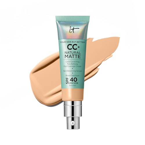 IT Cosmetics CC+ Cream Natural Matte Foundation with SPF 40 - Shine-Reducing & Long-Wear Full Coverage Foundation For Oily Skin - With Hyaluronic Acid - Non-Comedogenic, Light Medium Warm - 1.08 fl oz