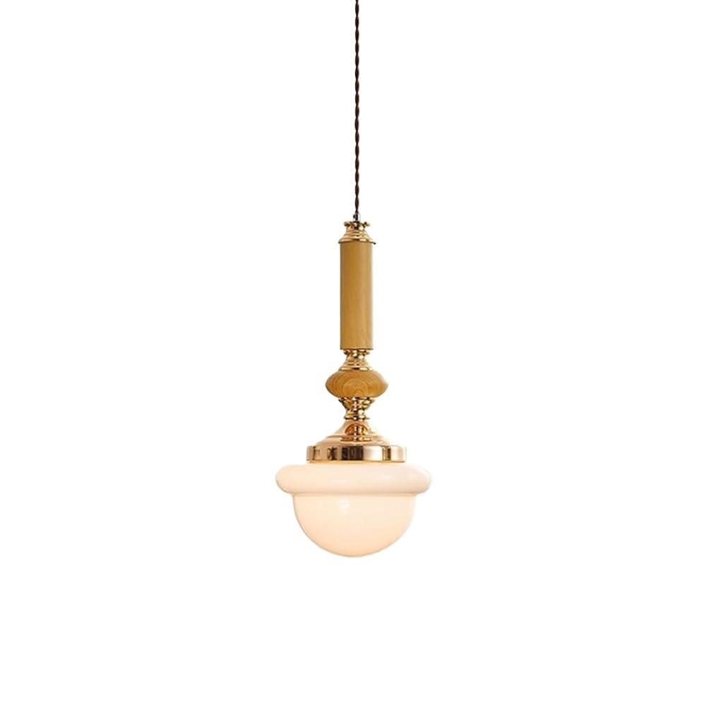 LYOUAE French Milky White Glass Pendant Light Mid Century Wood Hanging Lamp