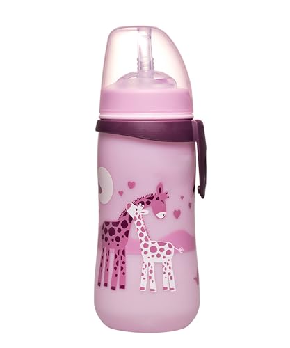nip - Strohhalmbecher Straw Cup | Leichte, auslaufsichere Kindertrinkflasche mit Trinkhalm aus Silikon ab 12 Monaten. Einfach zu reinigen, 330 ml, Motiv Giraffe, rosa