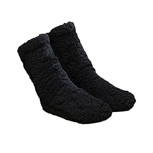 BXT Unisex Fuzzy Slipper Socks Floor Sock with Non Slip Grips, Gifts for Men Women Dad Mom (Black)
