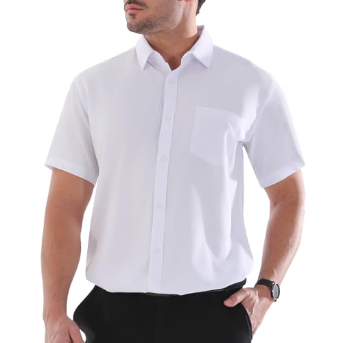 BEFRIED White Dress Shirts for Men Big and Tall (Size XL Big-6XL Big Tall) Button Down Short Sleeve Shirts Business Casual Collared Shirt with Pocket