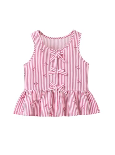 Image of Girls Sleeveless Tank Tops Striped Shirts Peplum Babydoll Top | Bowknot Summer Blouse for Beach Vacation