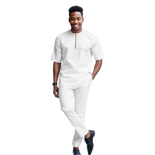 DBQ Men's 2 Pieces Cotton Embroidery Short Sleeve Shirts and Pants Set African Clothes with Pockets