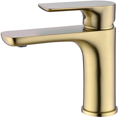Brass Brushed Gold Bathroom Faucet Spot-Resist Single Handle Lavatory Basin Sink Faucet with cUPC Water Supply Lines, 1 Hole Deck Mounted, TRUSTMI