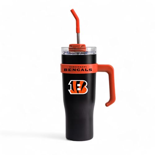 Image of The Memory Company Officially Licensed 46oz Team Color Slim Tumbler with Straw and Handle, Cincinnati Bengals