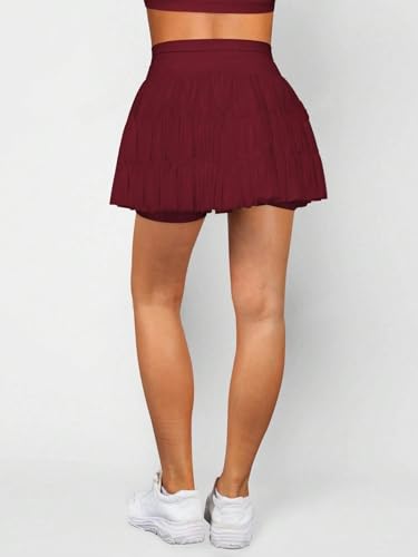 EARKOHA 2025 Skirts for Women High Waist Tie Pleated Solid Color Mini Skirt with Pockets Wine Red L2