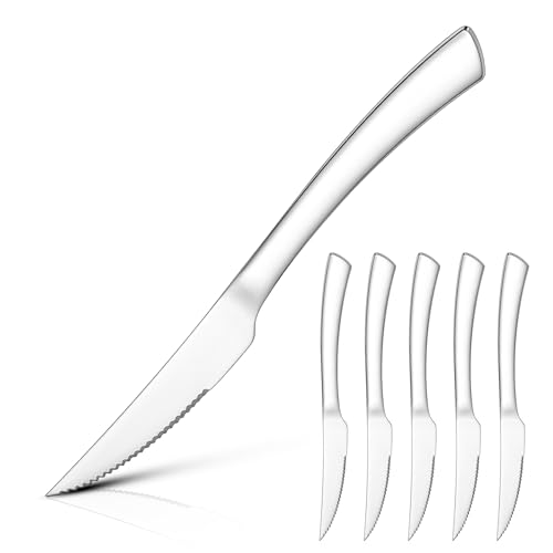 Onader Steak Knives Set of 6, Stainless Steel Serrated Kitchen Knives with Ergonomic Handle, Sharp Dinner Table Knives for Home Restaurant, Full Tang & Mirror Finished & Dishwasher Safe