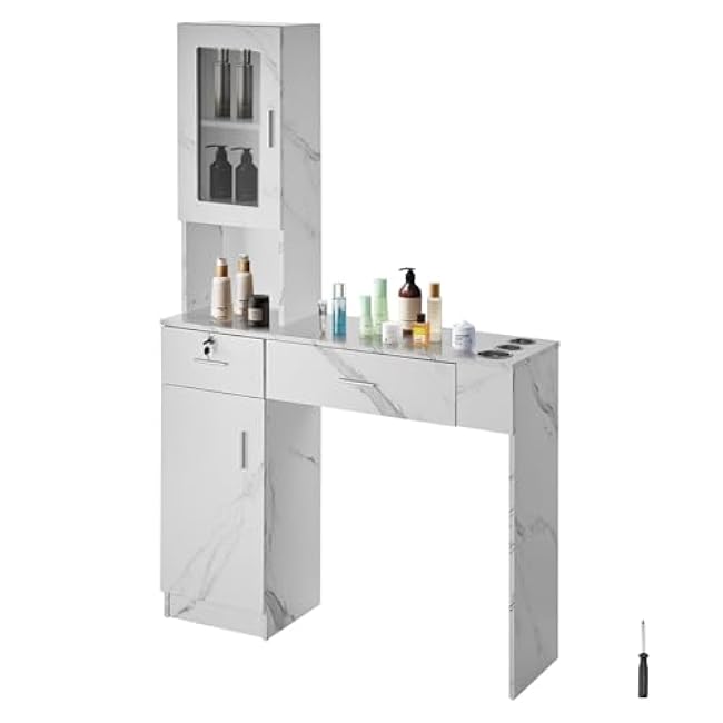VEVOR Salon Station, Wall Mount Barber Salon Station for Hair Stylist, Beauty Spa Furniture Set, 1 Storage Cabinet, 3 Cubbies and 2 Drawers(One Lockable), White-pqZ3XXqX
