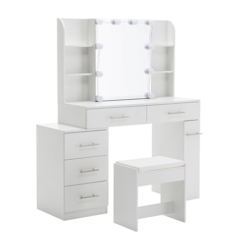 HAINEW Tocador con espejo deslizante y 6 cajones, mesa de maquillaje, tocador con estante abierto y taburete, blanco, 100 x 40,5 x 136 cm, HD26012705