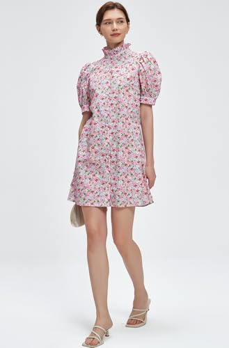Image of Ladyful Women's Summer Floral Shift Short Sleeve Button Front Mini Dress | puff sleeve, ruffle stand neck, boho style, beach vocation, 100% cotton, loose fit, shirt sundress