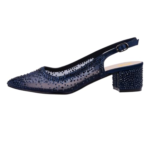 XYD Women's Elegant Rhinestone Pumps Sheer Mesh Slingback Block Low Heels Pointed Toe Slip On Crystal Bridal Wedding Shoes