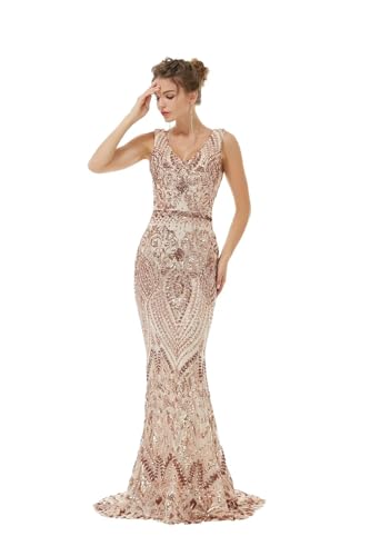 Image of Women's Wedding Bridesmaid Gown Sequined Mermaid V Neck Sleeveless Evening Dress