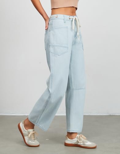 Ladyful Striped Barrel Jeans Women High Waisted Baggy Jeans Wide Leg Denim Pant with Eyelet Drawstring4