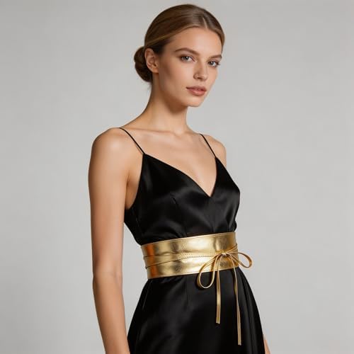 Women's Golden Belt, Wide Waist Belt, Tie Belt for Dress