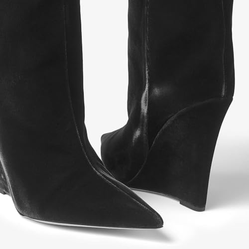 THESHY Women‘s Pointed Toe Knee High Boot Wedge Metallic High Heel Thigh High Boot Patent Leather Pull on Shoes4