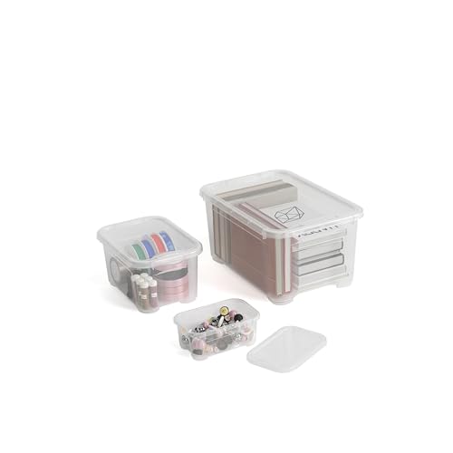 DIMENSIONI CONTENITORI: MINI: 17,5x11,5x7H cm - 1L; XXS: 26x19x14H cm - 5L; XS: 38x26,5x19H cm - 14L