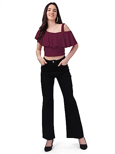 Image of Mehrang Women's Casual Solid Flared Crop Top Round Neck Stretchable Blend for Women /Top for Girls