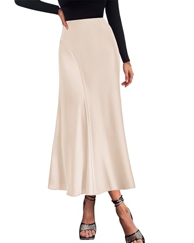 Image of KIRUNDO Women's Satin Maxi Skirt 2026 Summer Fall Trendy High Waisted Wedding Cocktail Party Work Silk A-Line Formal Skirts
