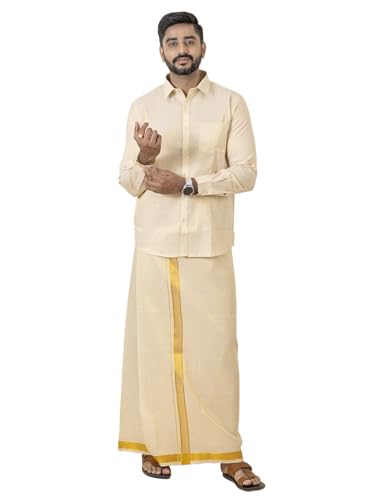 Image of RAMRAJ COTTON Men Gold Tissue Jacquard Full Sleeves Shirt with Matching Dhoti Set