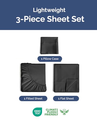 Image of Lightweight 3 Piece Bed Sheet Set Twin Size - Cooling Sheets for Hot Sleepers - Soft Breathable Bedding Set w / 8-16 Inch Deep Pockets - 1 Flat & 1 Fitted and 1 Pillowcase - Wrinkle Resistant - Black
