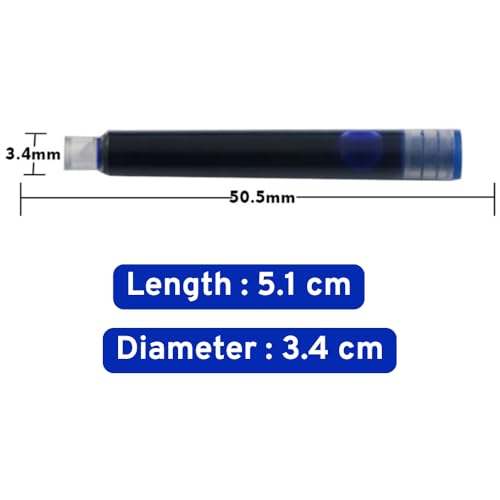 Image of Blue Fountain Pen Ink Cartridges, 50 Pack, 3.4mm Bore, Quick-Drying, 51mm Length (50)