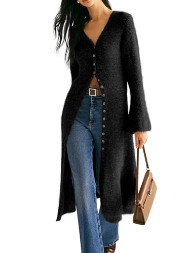 Image of Womens V-Neck Button Maxi Cardigan Bell Long Sleeve Open Front Split Breasted Sweater Dress