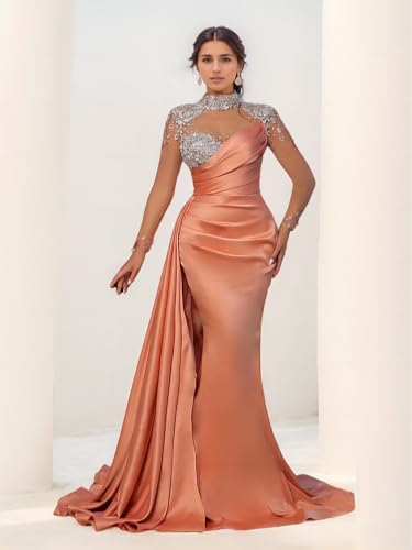 Mermaid/Trumpet Formal Wedding Guest Dress Sexy Evening Dress Satin Illusion Neck Sweep/Brush Train Beading 20242