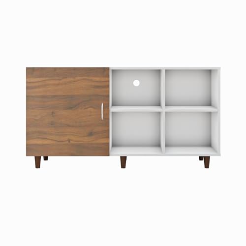 Image of VIKI Modern TV Unit for Living Room | Engineered Wood TV Cabinet with 1 Door Storage & 2 Open Shelves, Entertainment Unit, 140W x 74H x 40D cm | DIY | 1 Year Warranty (White & Walnut)